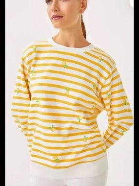 Lilly Pulitzer Yellow and White Striped Crewneck Sweater with Lemon Motif